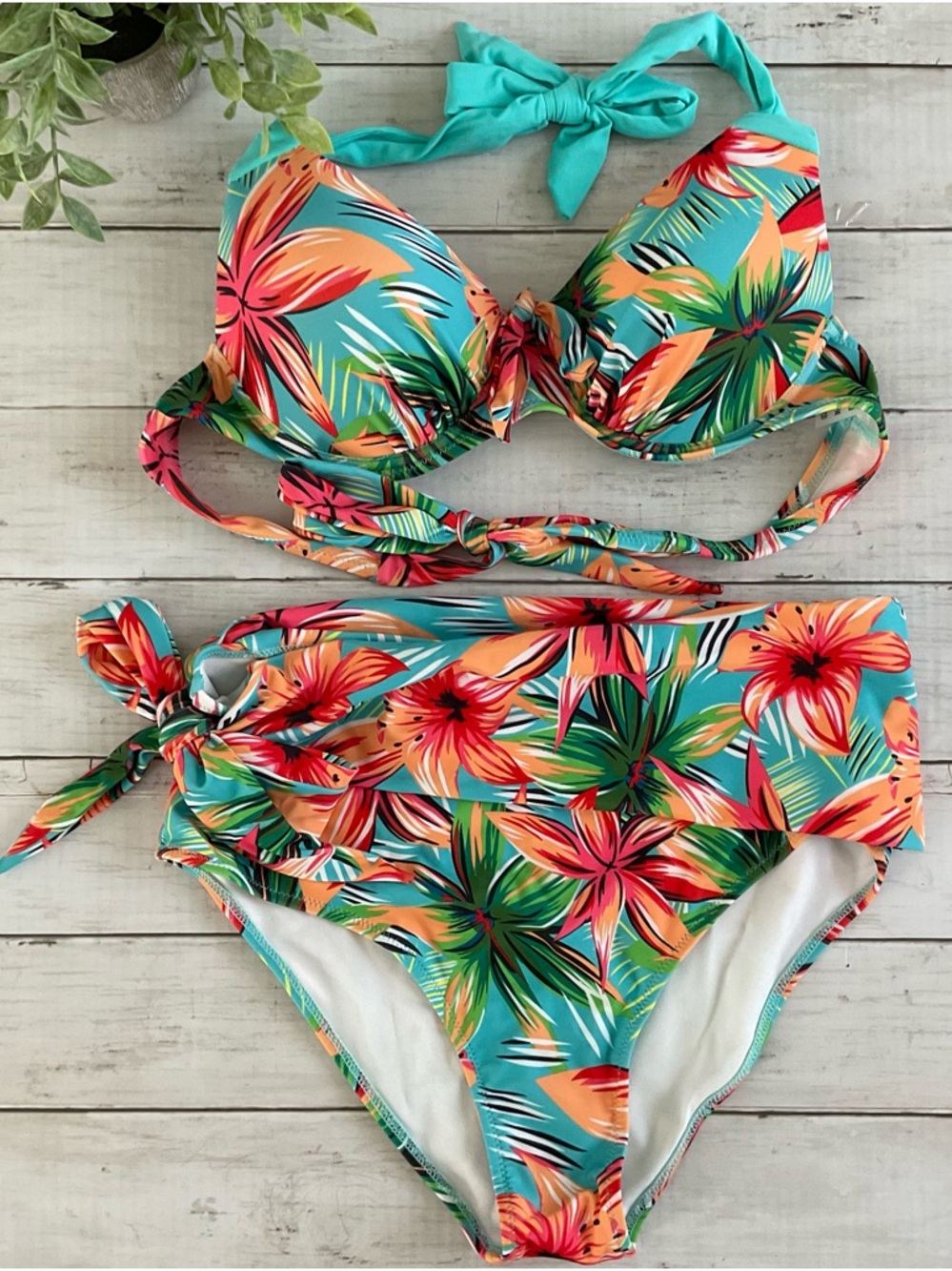 Tropical Floral Bikini Set in Teal & Coral, never worn, high waist bottom, M